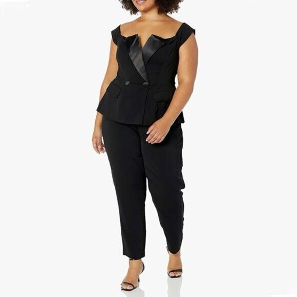 City Chic Plus Sexy Tuxedo Black Off Shoulder Jumpsuit - Picture 1 of 6